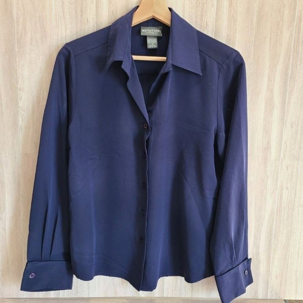 Notations Navy Blue Blouse Womens Small Button Front Long Sleeve Workwear